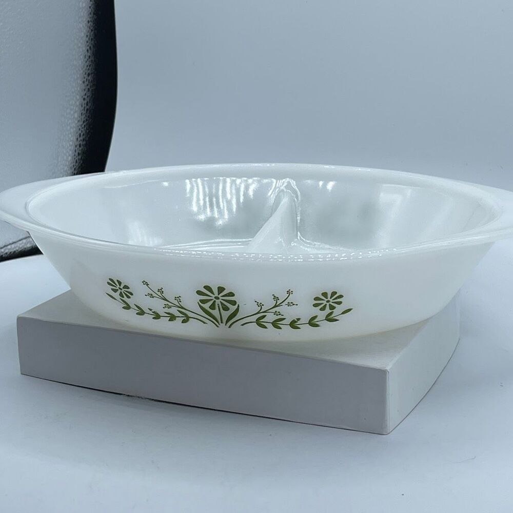 Vintage Glasbake USA milk glass divided serving dish.